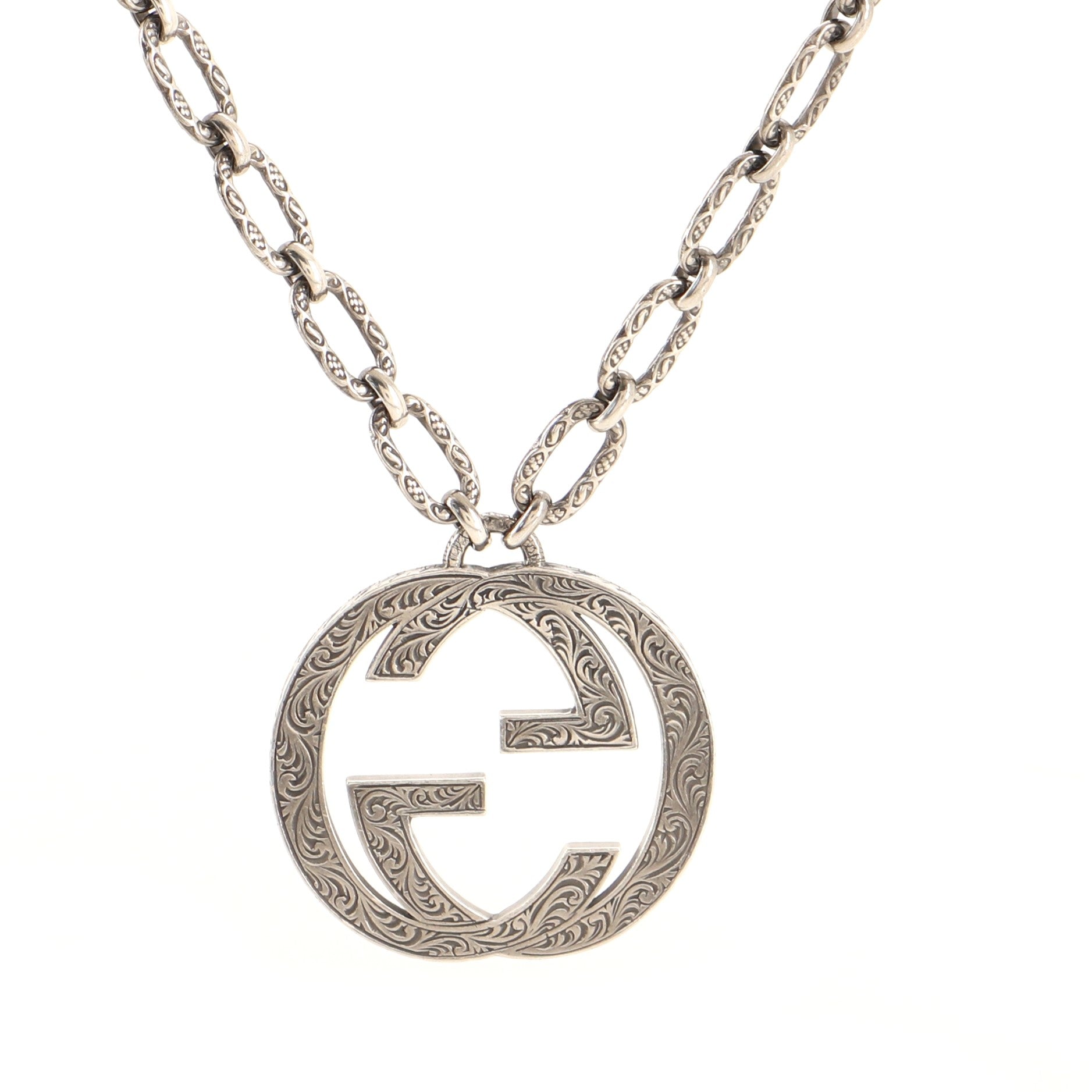 Engraved Interlocking G Chain Link Pendant Necklace Sterling Silver Large