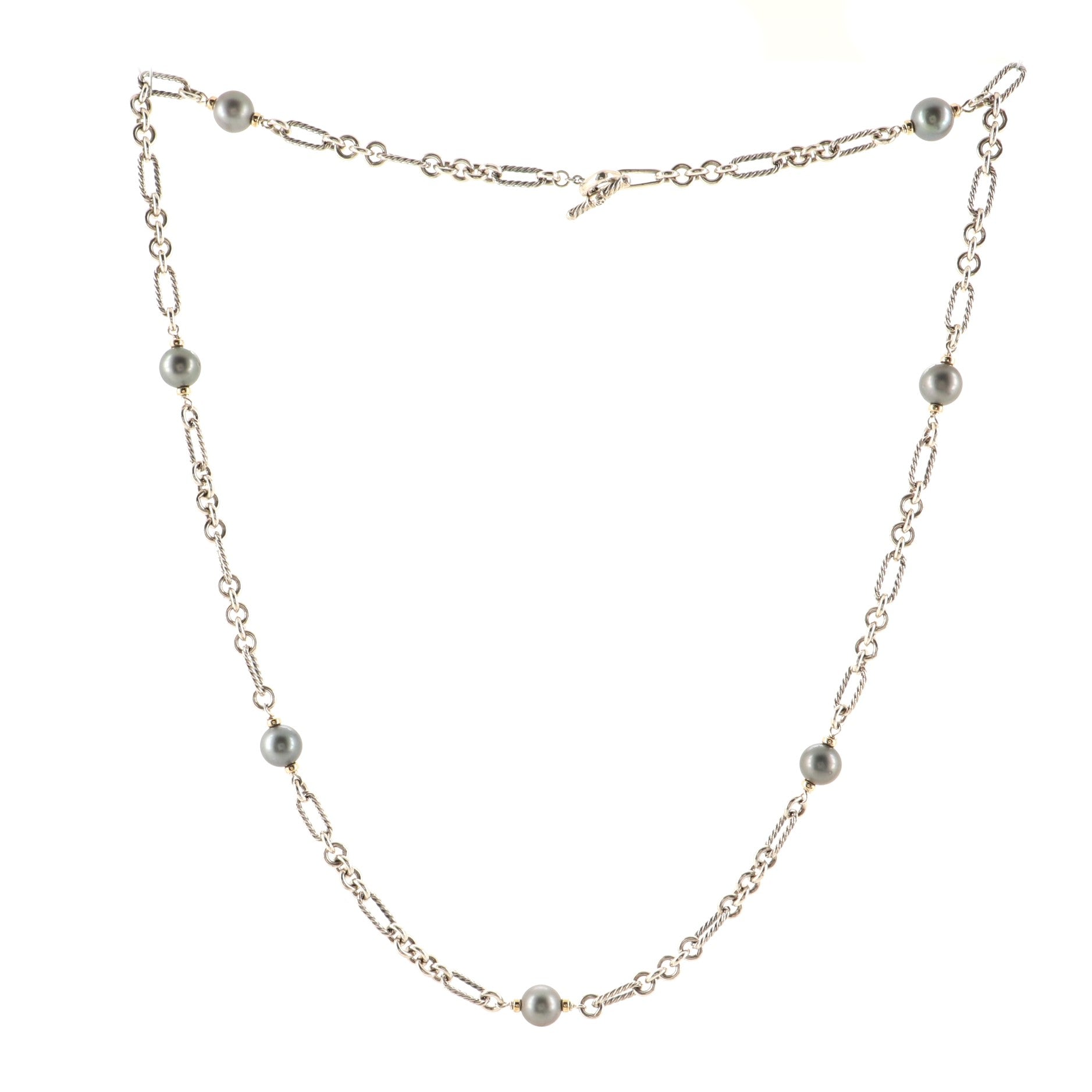Figaro Chain Necklace Sterling Silver with 18K Yellow Gold and Pearls