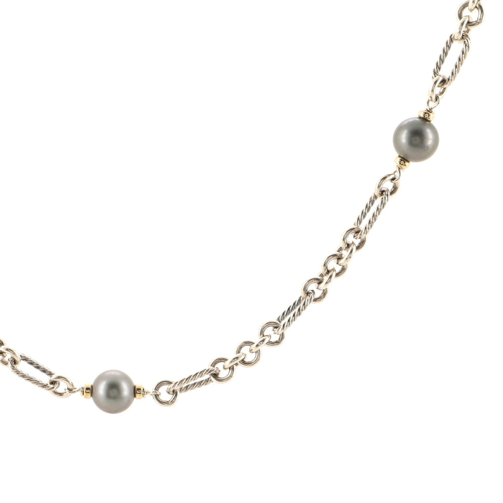 Figaro Chain Necklace Sterling Silver with 18K Yellow Gold and Pearls