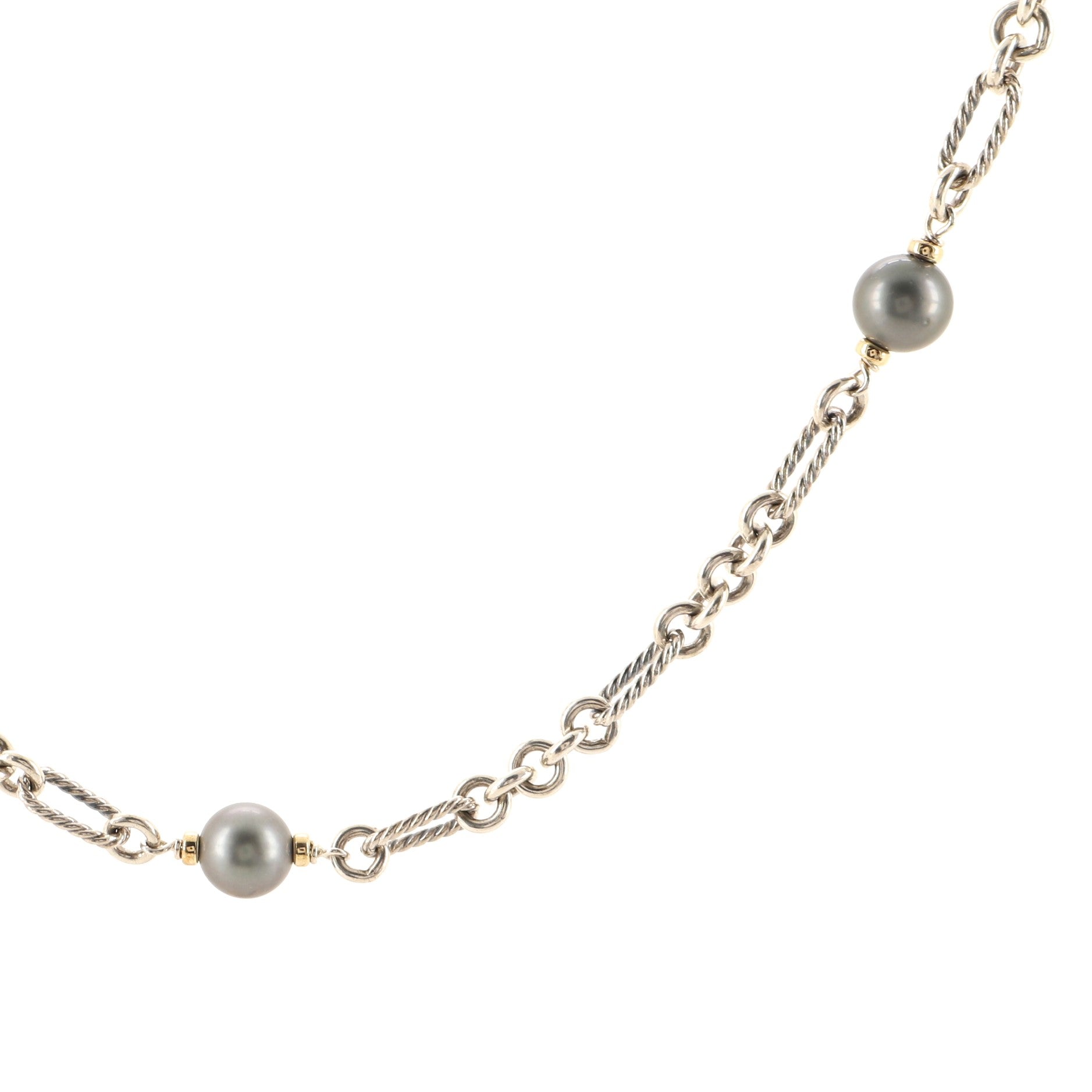 Figaro Chain Necklace Sterling Silver with 18K Yellow Gold and Pearls