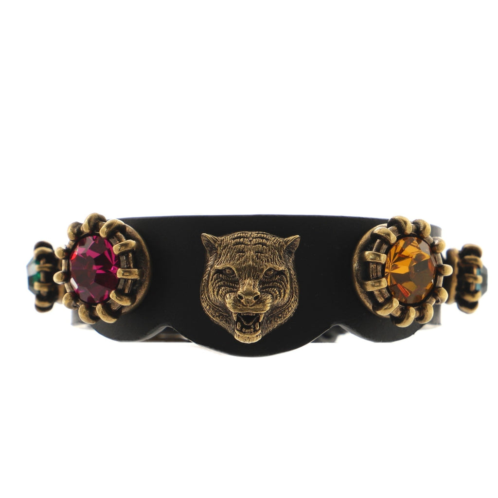 Feline Head Wrap Bracelet Leather and Crystal Embellished Metal