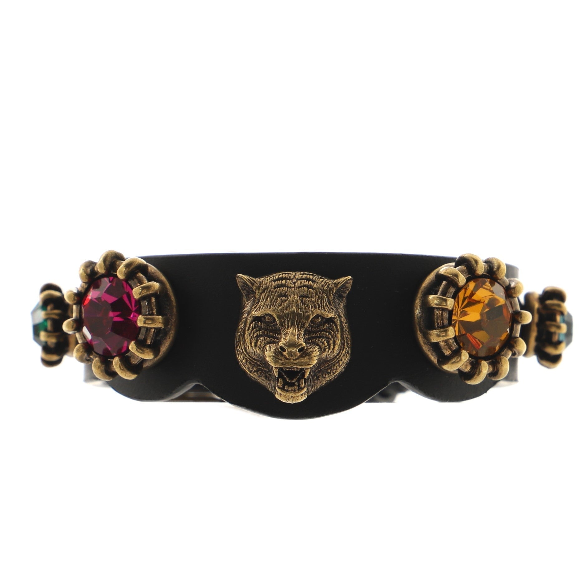 Feline Head Wrap Bracelet Leather and Crystal Embellished Metal