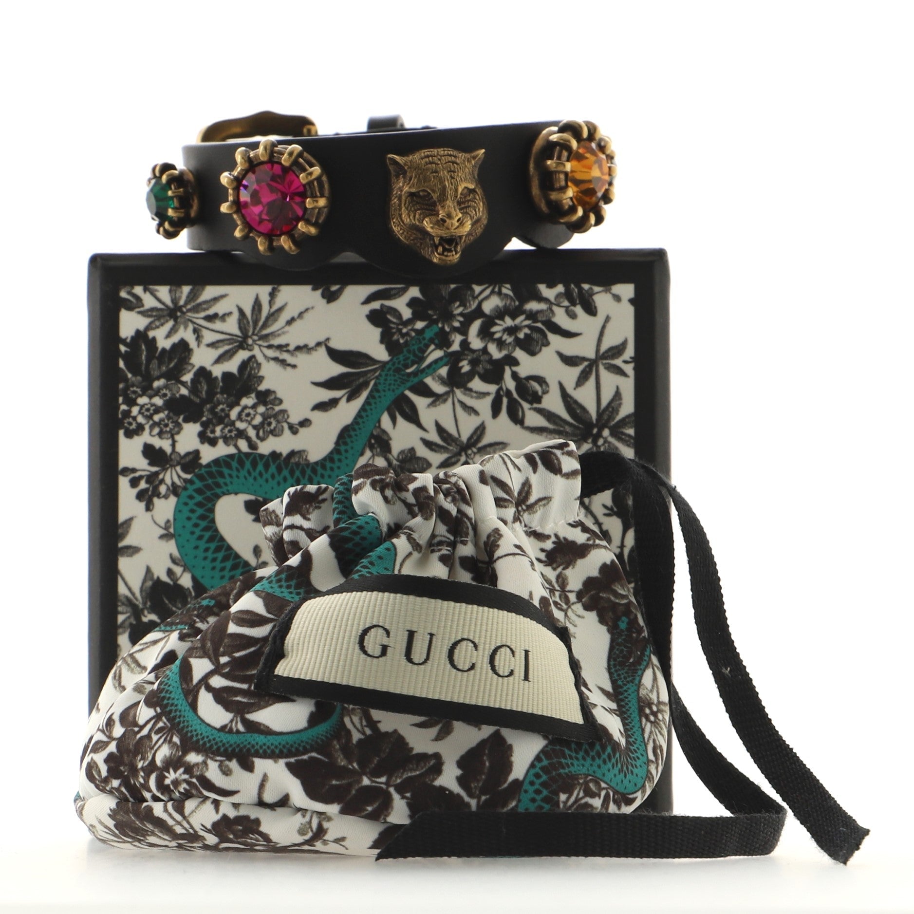 Feline Head Wrap Bracelet Leather and Crystal Embellished Metal