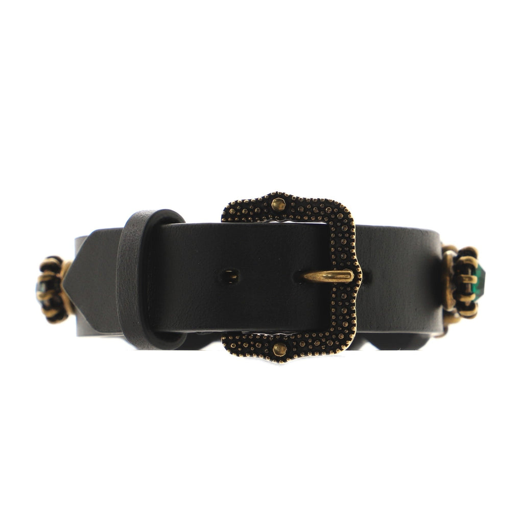Feline Head Wrap Bracelet Leather and Crystal Embellished Metal
