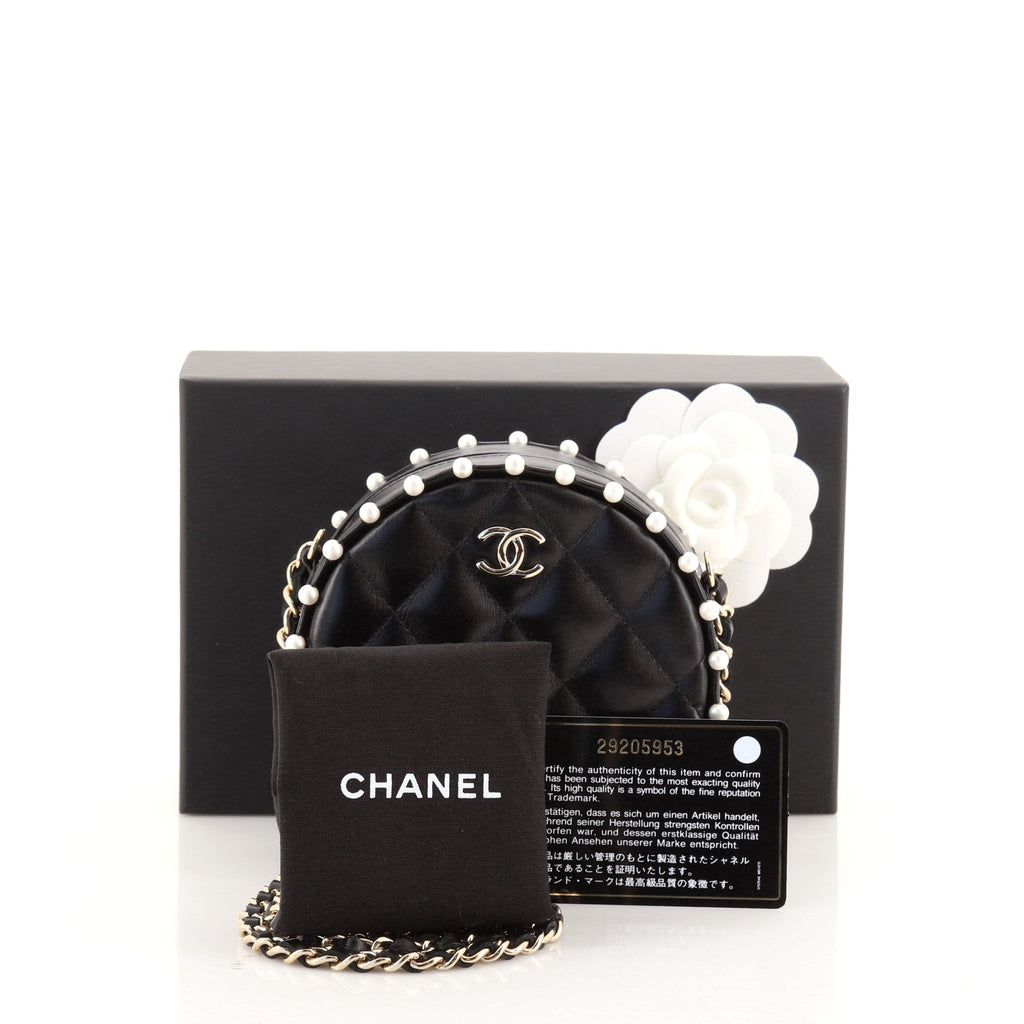 Round Clutch with Chain Quilted Calfskin with Pearl Detail