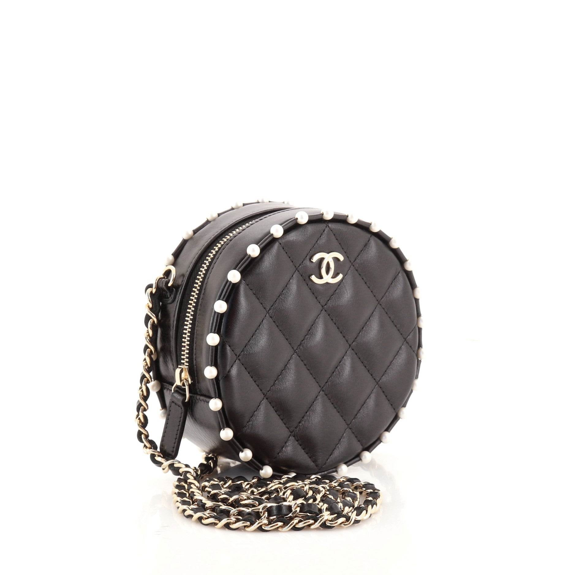 Round Clutch with Chain Quilted Calfskin with Pearl Detail