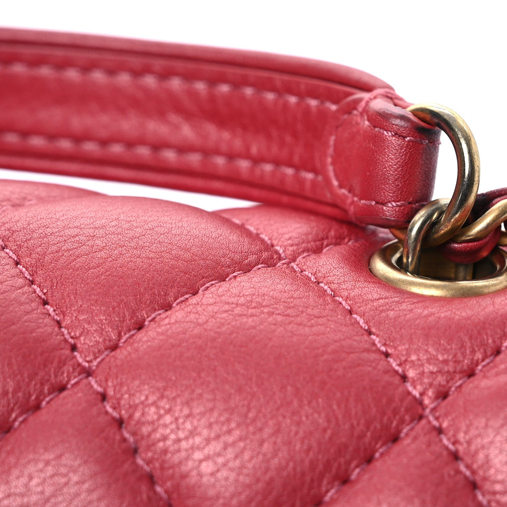 Metallic Calfskin Quilted Top Handle Flap Dark Pink