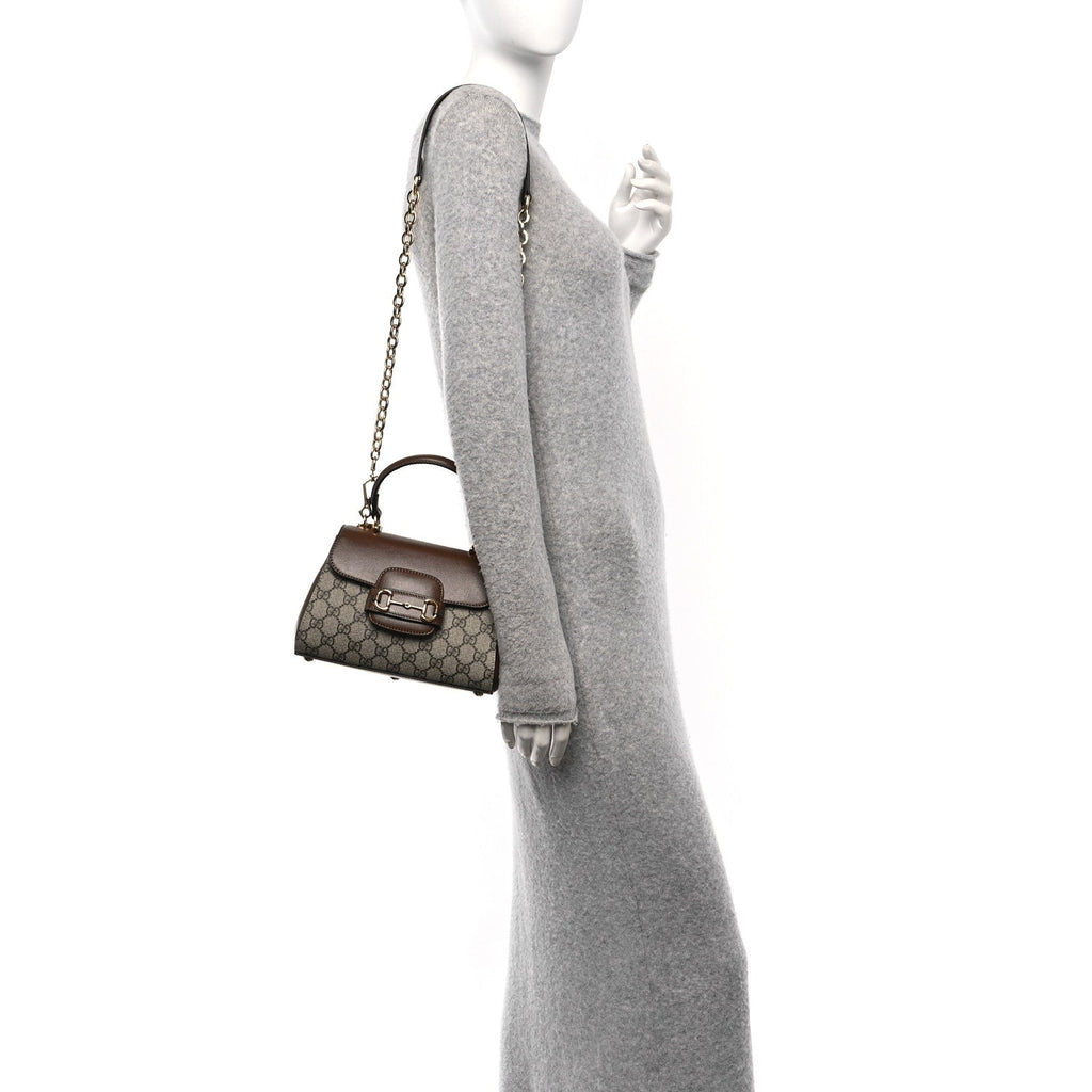 GG Supreme Monogram Azalea Calfskin Mini Horsebit 1955 Top Handle Flap Bag Beige Ebony Brown Sugar
