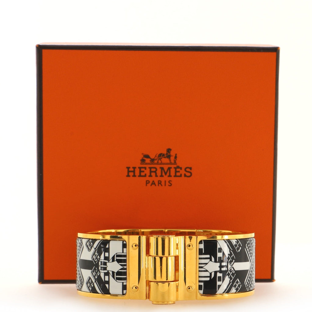 Hinged Bracelet Metal and Printed Enamel Wide