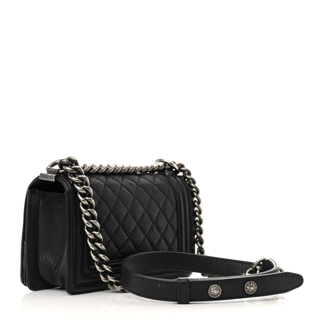 Calfskin Quilted Embellished Metal Small Boy Flap Black