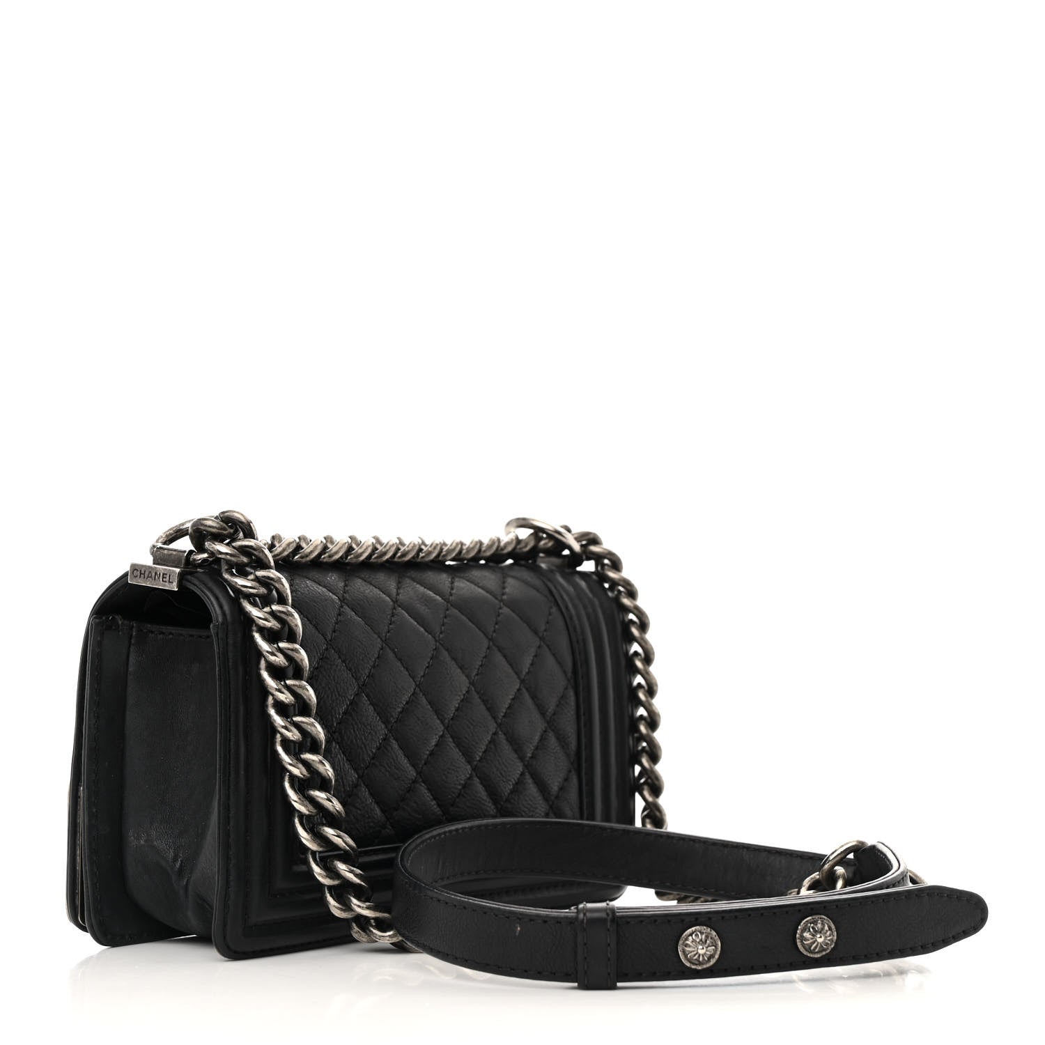 Calfskin Quilted Embellished Metal Small Boy Flap Black