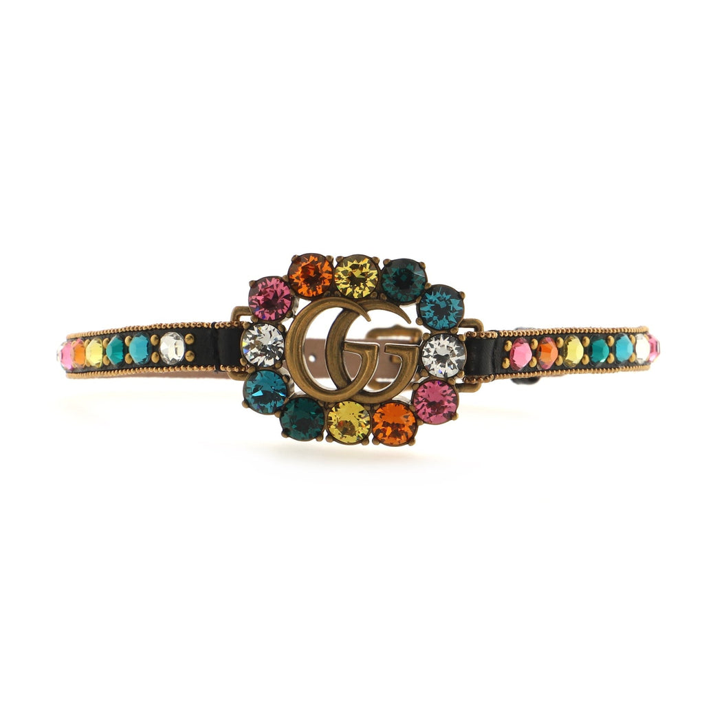 GG Choker Necklace Leather and Metal with Crystals