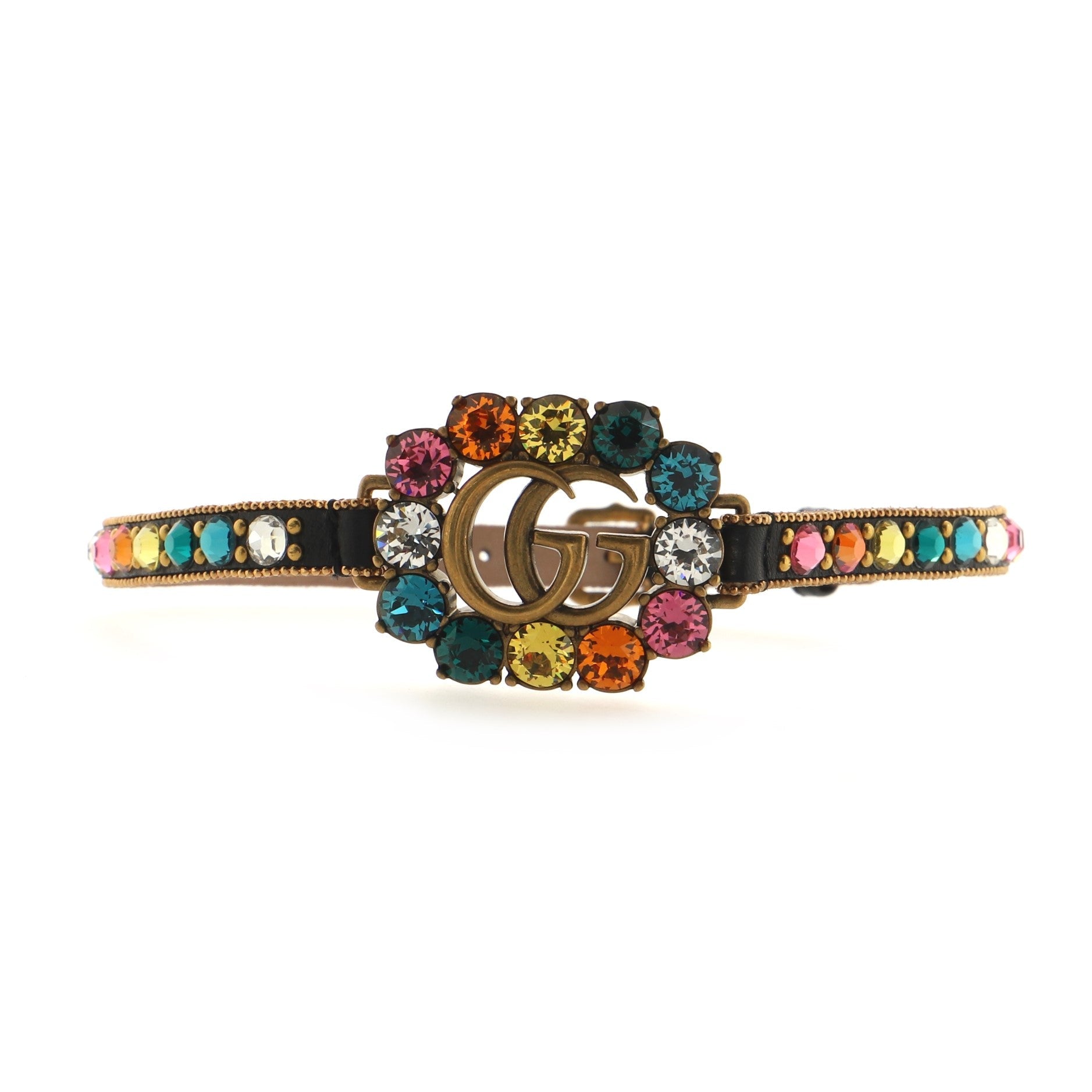 GG Choker Necklace Leather and Metal with Crystals