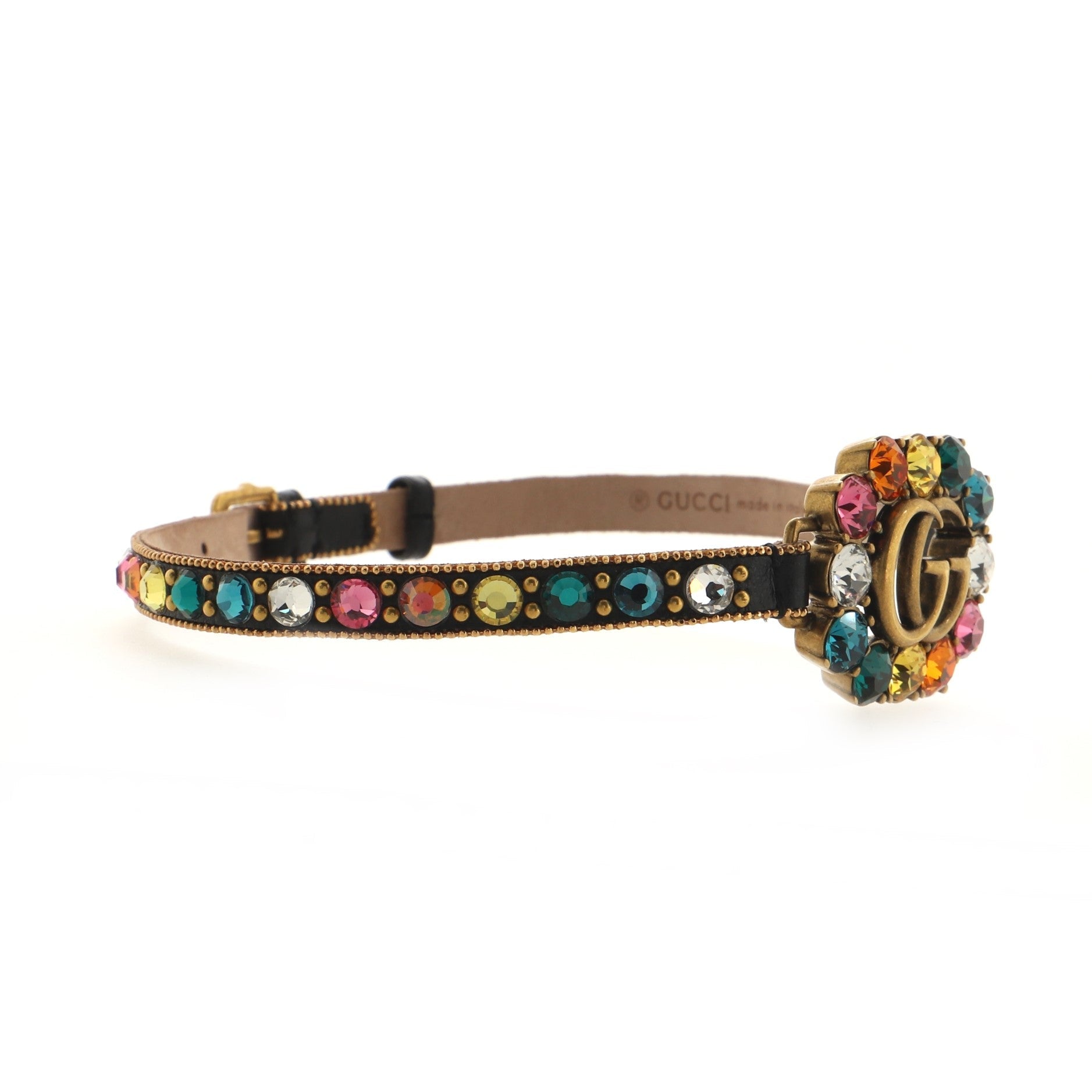 GG Choker Necklace Leather and Metal with Crystals