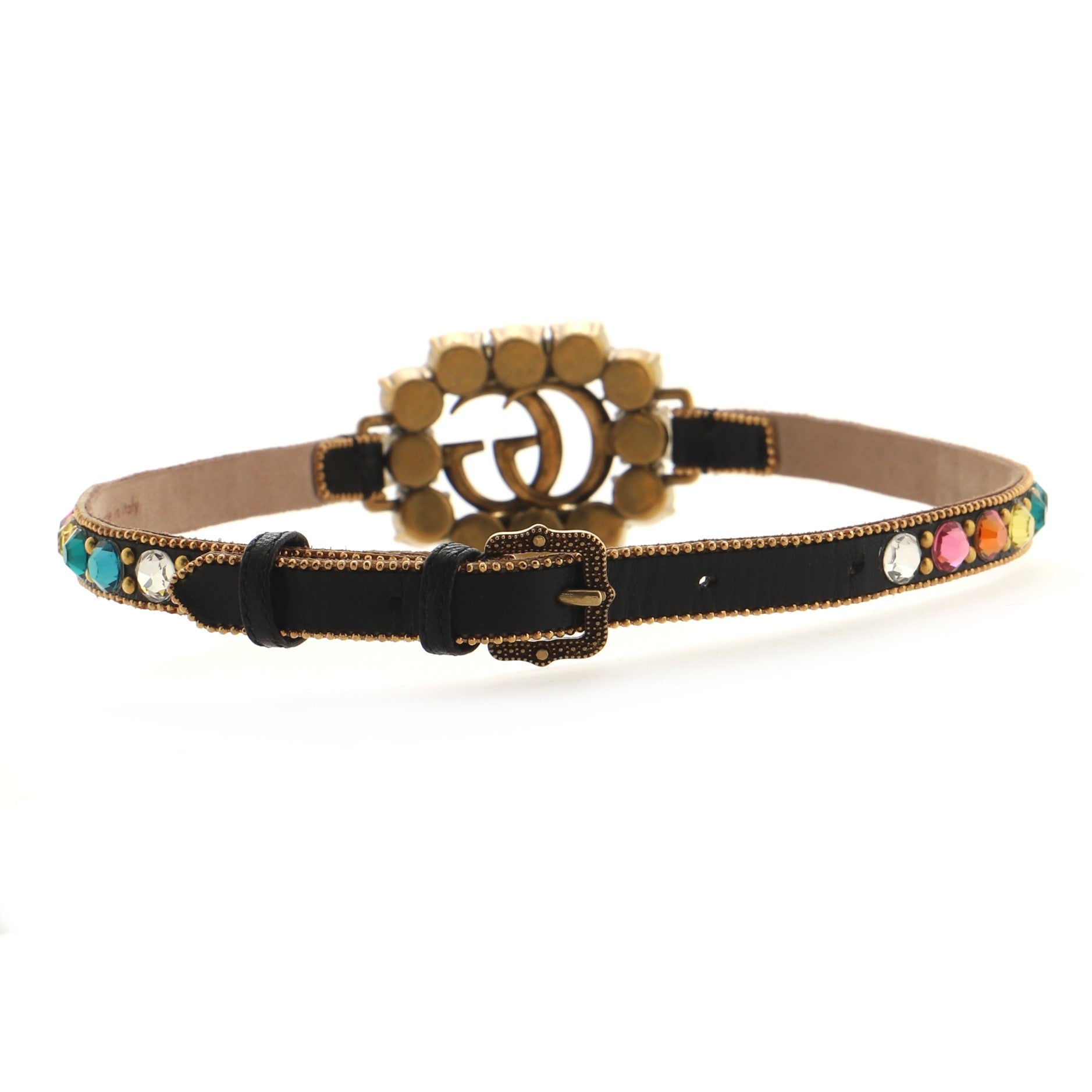GG Choker Necklace Leather and Metal with Crystals