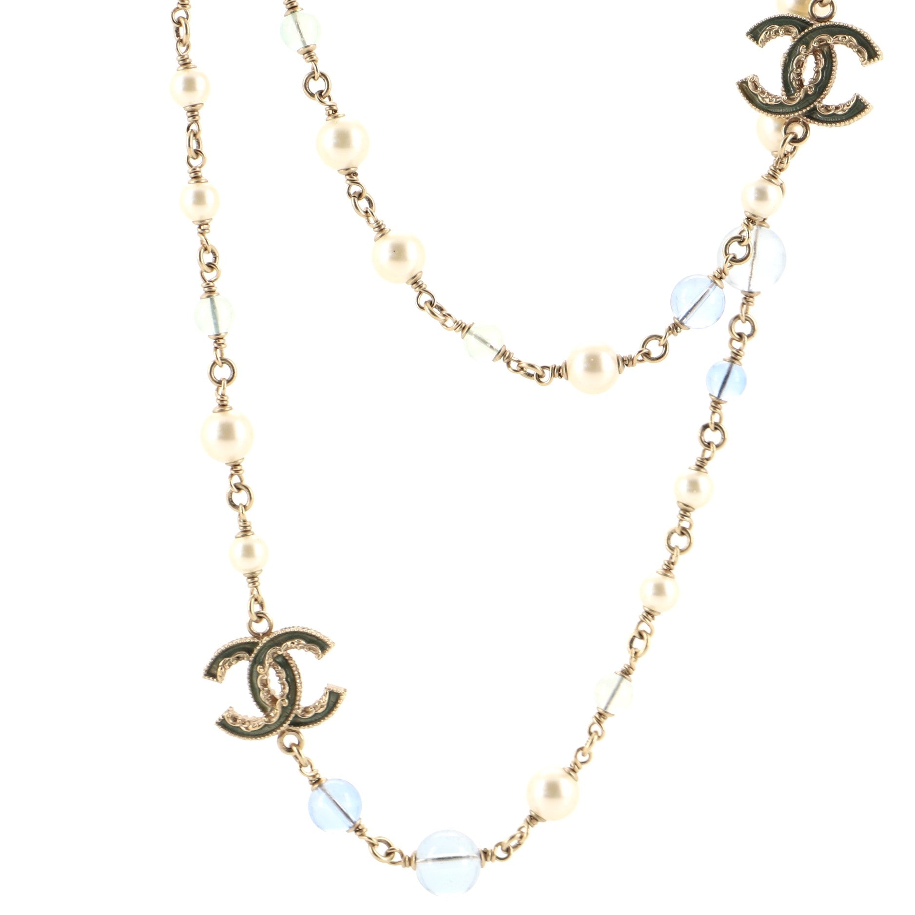 CC Long Necklace Faux Pearls, Beads and Metal with Enamel