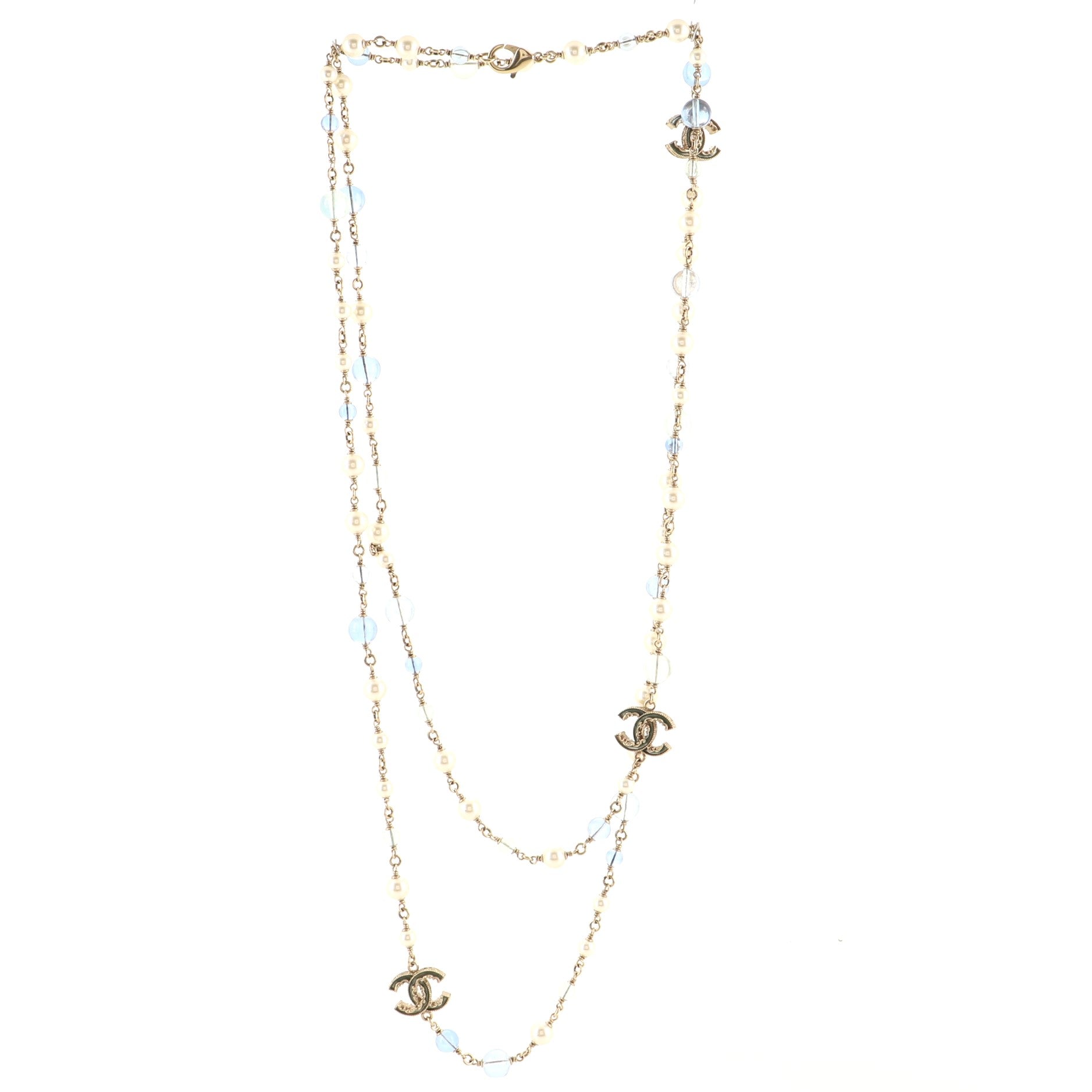 CC Long Necklace Faux Pearls, Beads and Metal with Enamel