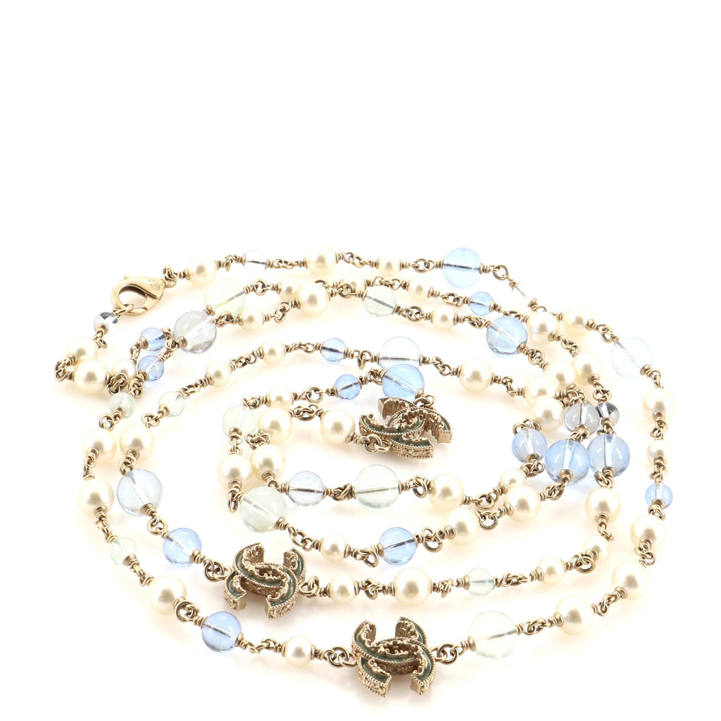 CC Long Necklace Faux Pearls, Beads and Metal with Enamel