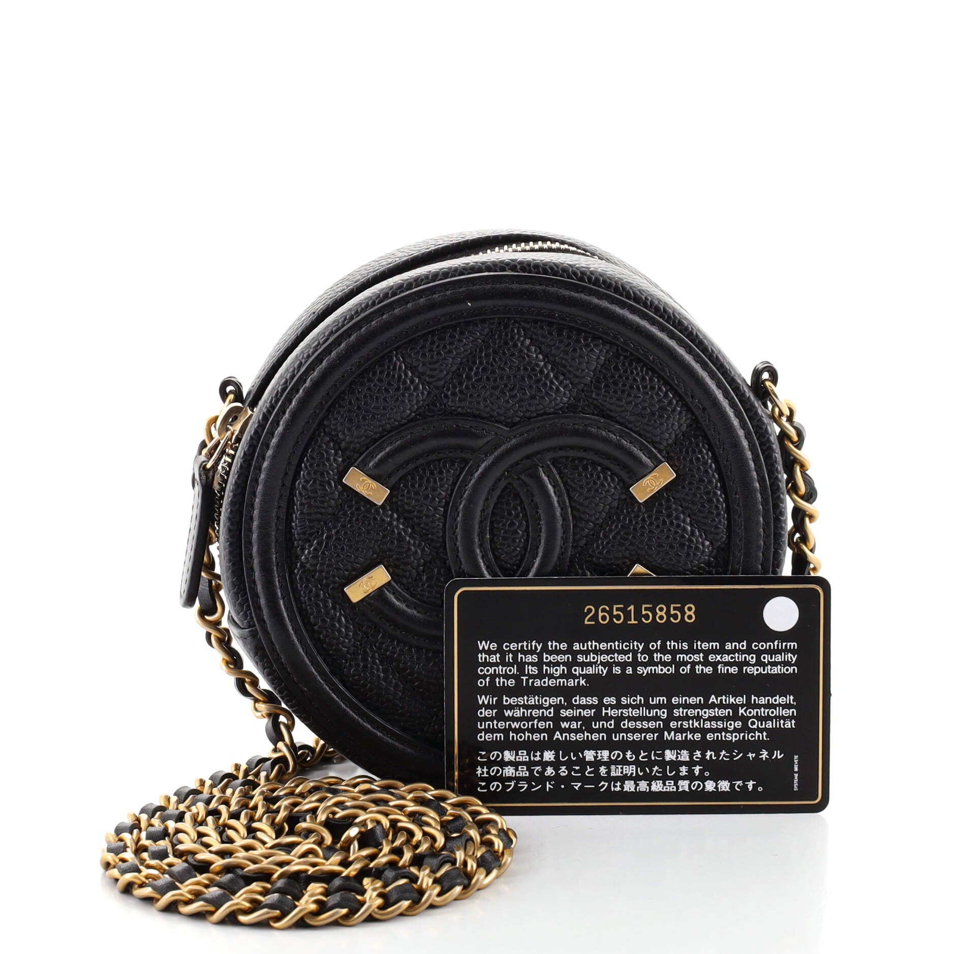 Filigree Round Clutch with Chain Quilted Caviar Mini