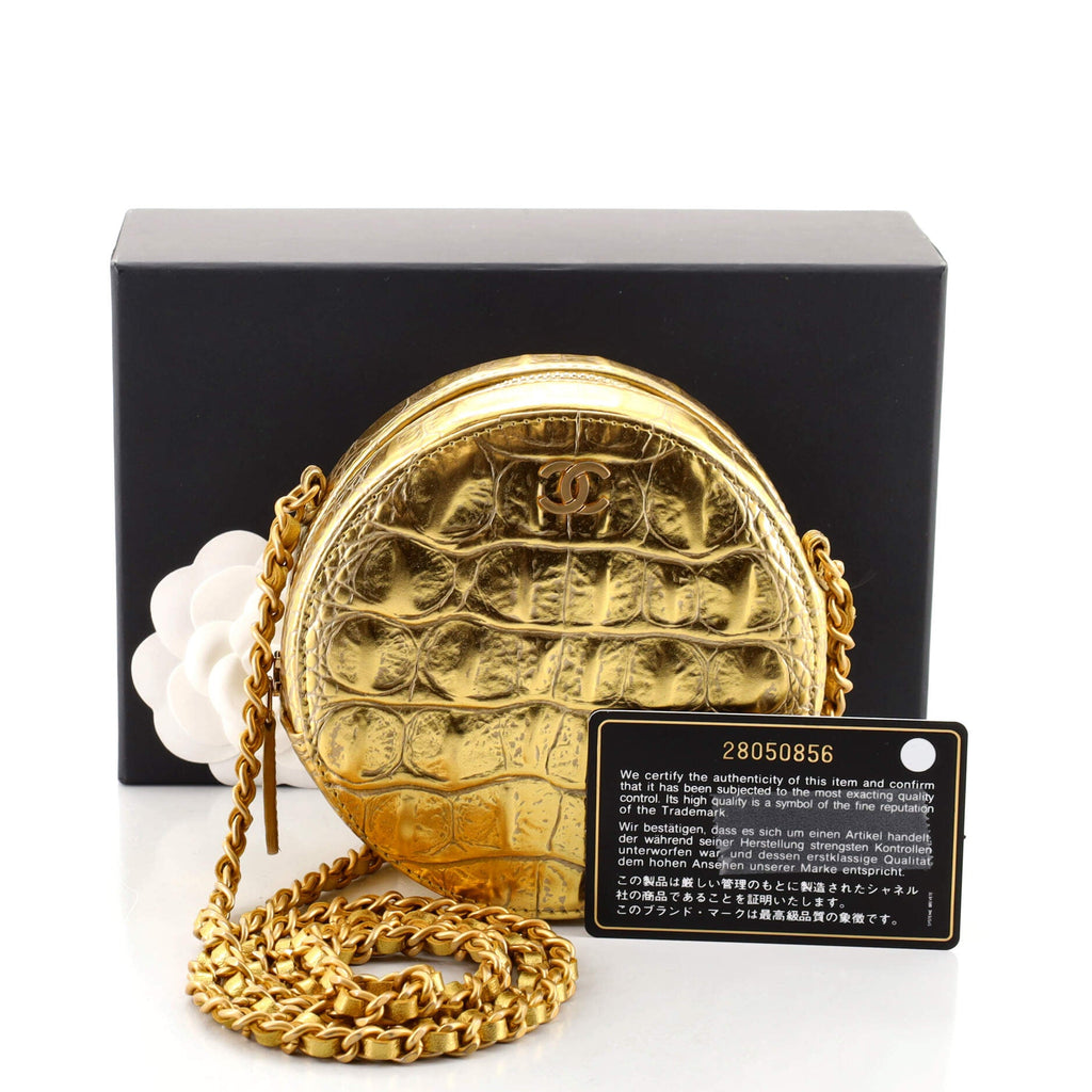 Round Clutch with Chain Crocodile Embossed Metallic Calfskin
