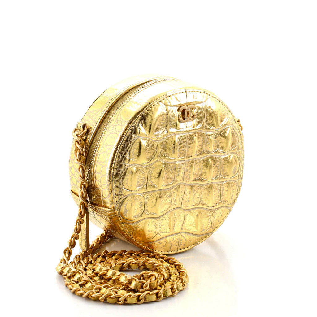 Round Clutch with Chain Crocodile Embossed Metallic Calfskin