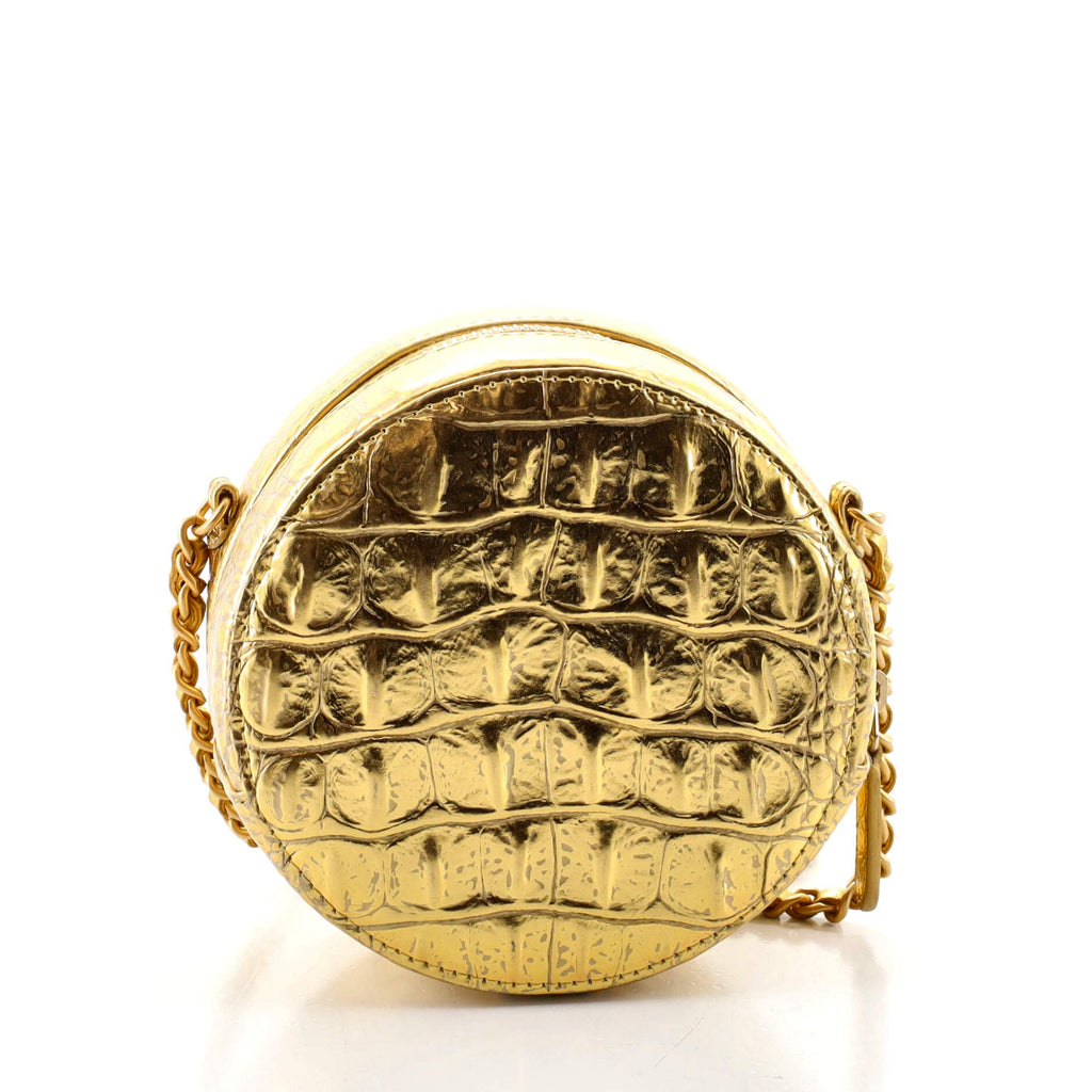 Round Clutch with Chain Crocodile Embossed Metallic Calfskin