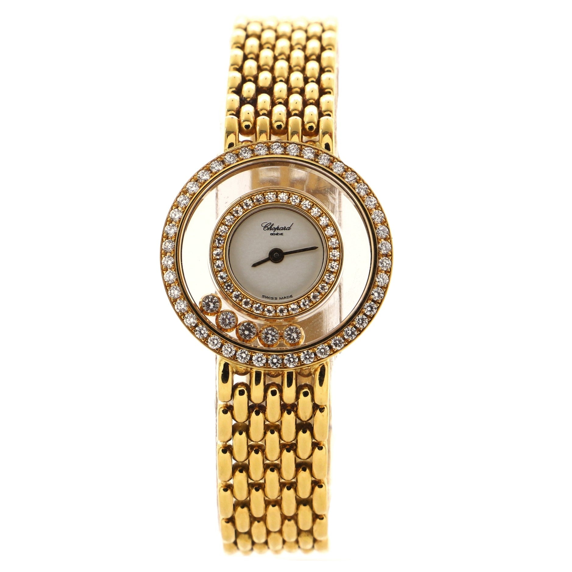 Happy Diamonds Round Quartz Watch Yellow Gold with Diamond Bezel and Floating Diamonds 23