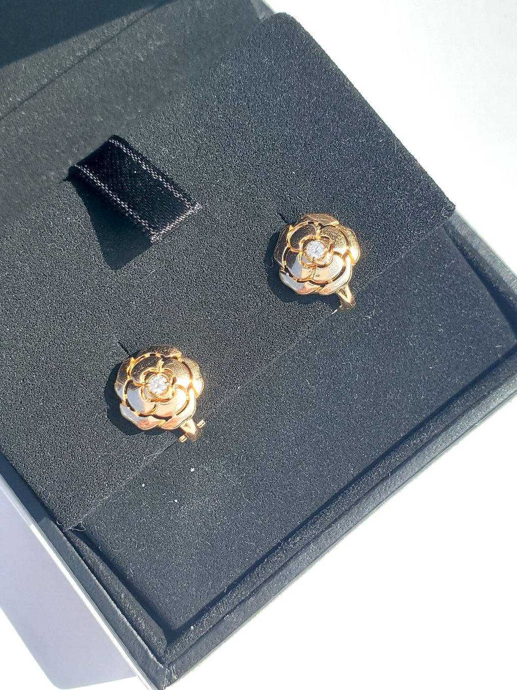 CHANEL 18k Rose Gold Diamond Extract De Camelia Stud Earrings