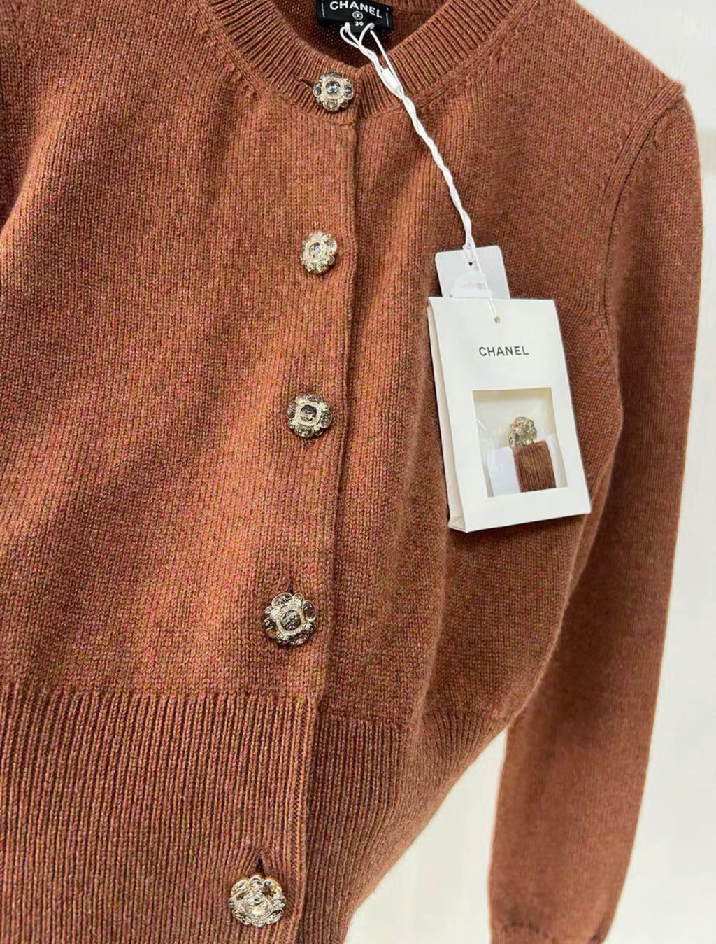 Chanel 24A cashmere igan Brown Color with rhinestone button size 36
