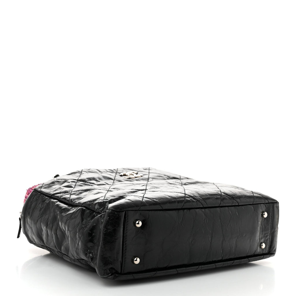 Glazed Calfskin Quilted Tweed Portobello Tote Black Pink