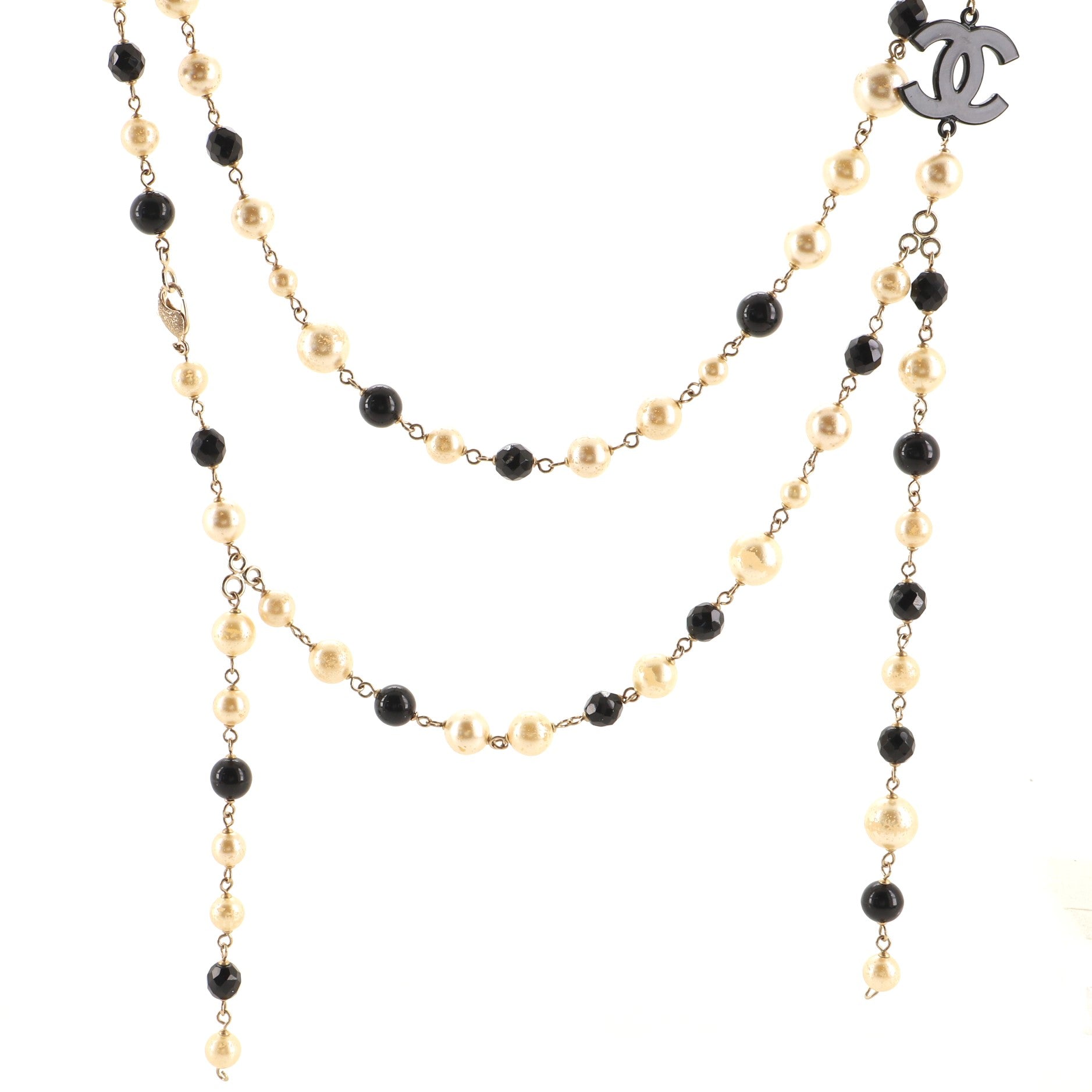 CC Long Necklace Faux Pearls, Beads and Metal with Enamel