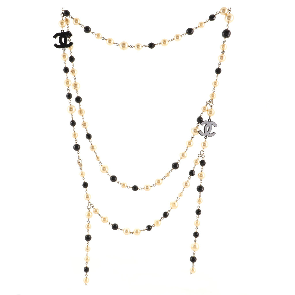 CC Long Necklace Faux Pearls, Beads and Metal with Enamel