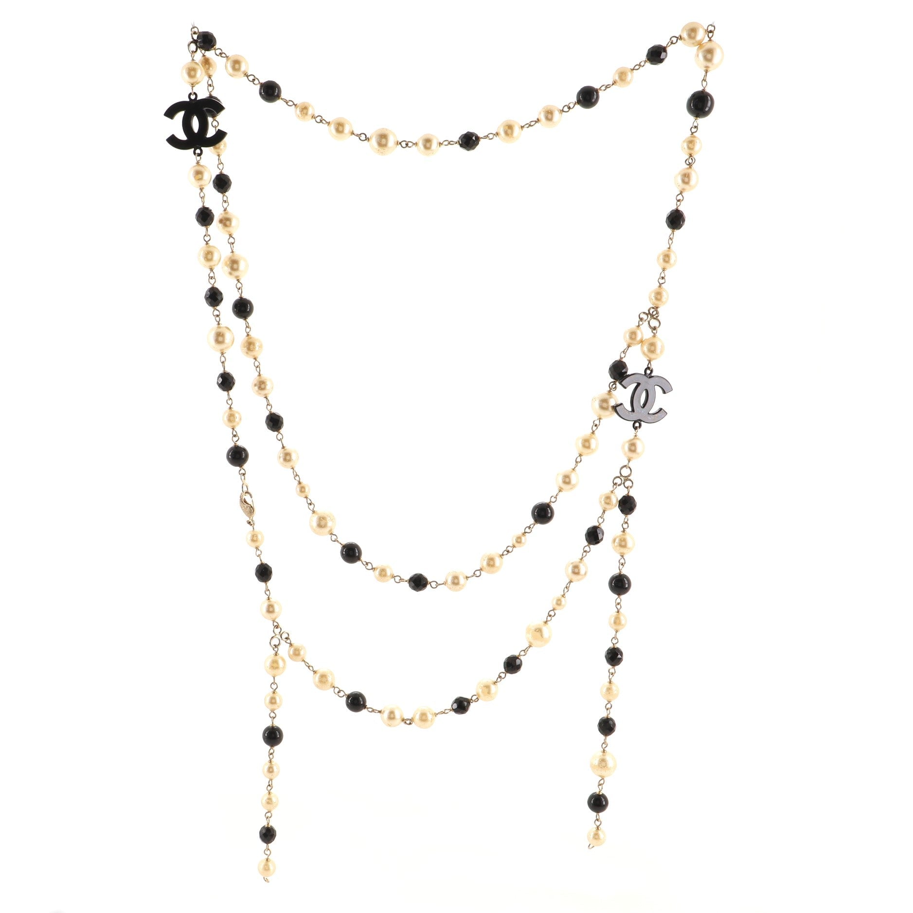 CC Long Necklace Faux Pearls, Beads and Metal with Enamel
