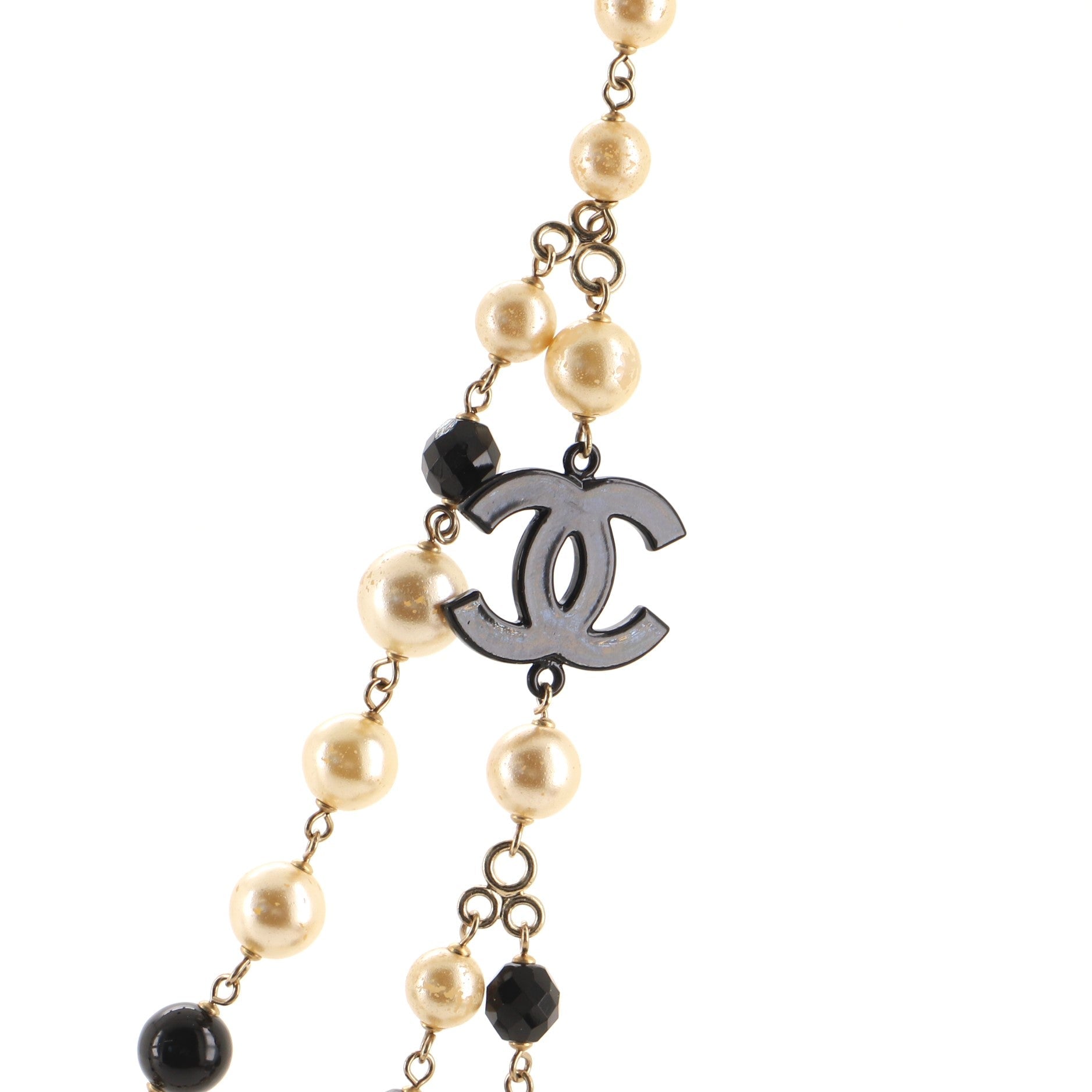 CC Long Necklace Faux Pearls, Beads and Metal with Enamel