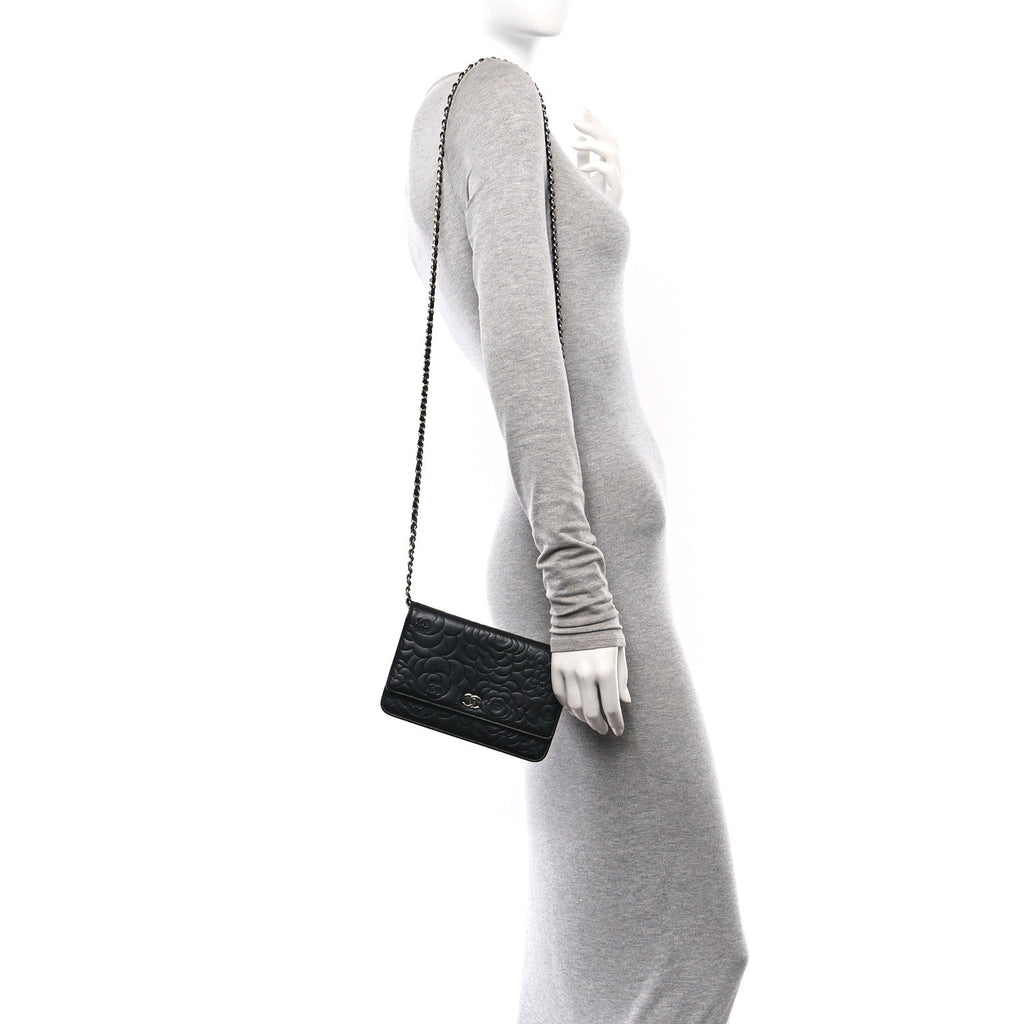 Lambskin Camellia Embossed Wallet on Chain WOC