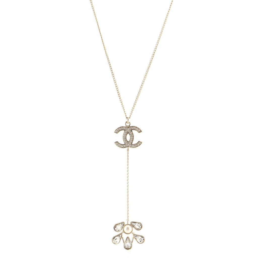 CC Drop Pendant Necklace Metal with Faux Pearl and Crystal
