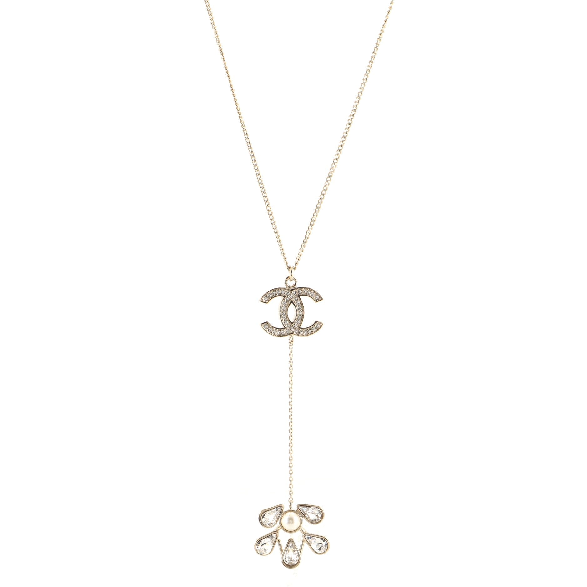 CC Drop Pendant Necklace Metal with Faux Pearl and Crystal