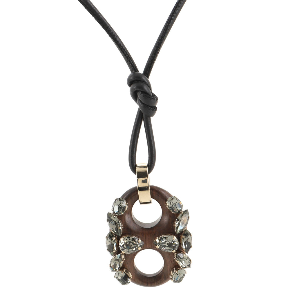 Marina Pendant Necklace Leather with Wood and Crystals