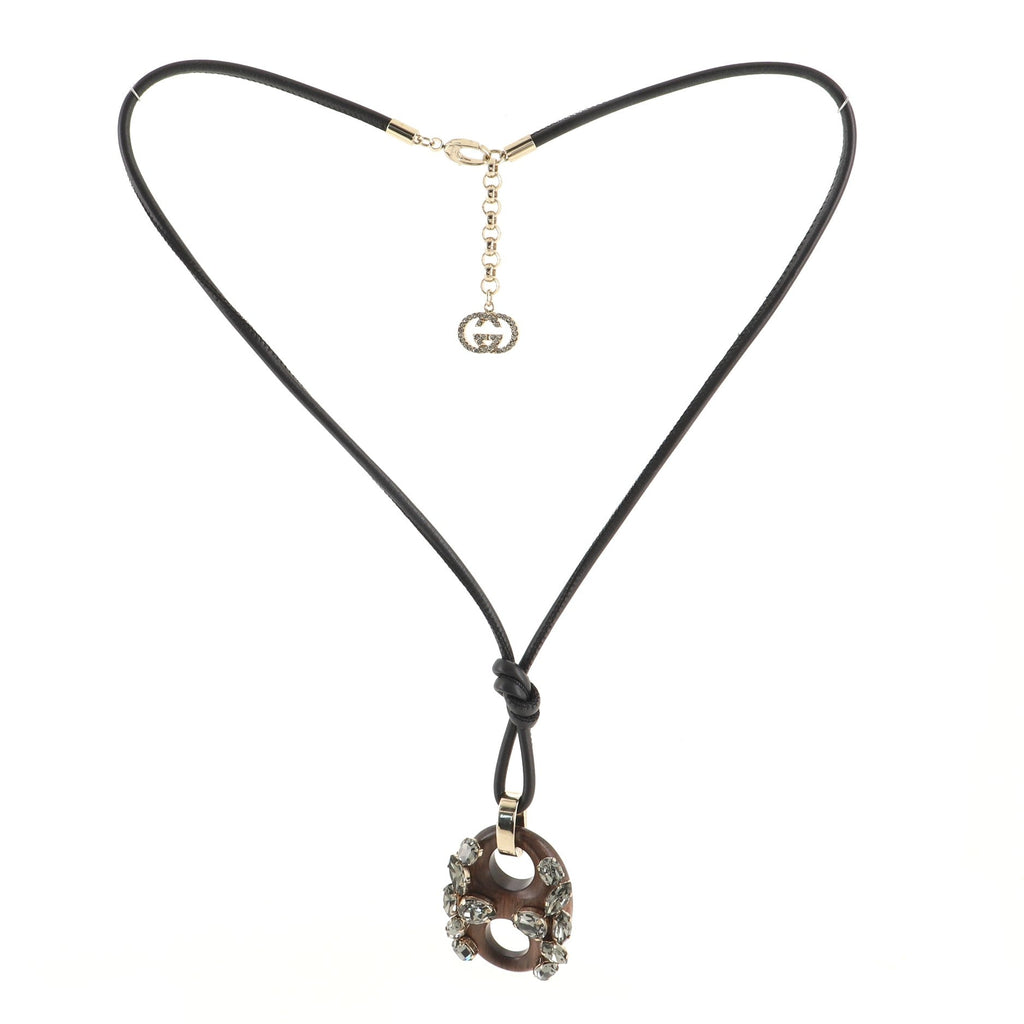 Marina Pendant Necklace Leather with Wood and Crystals