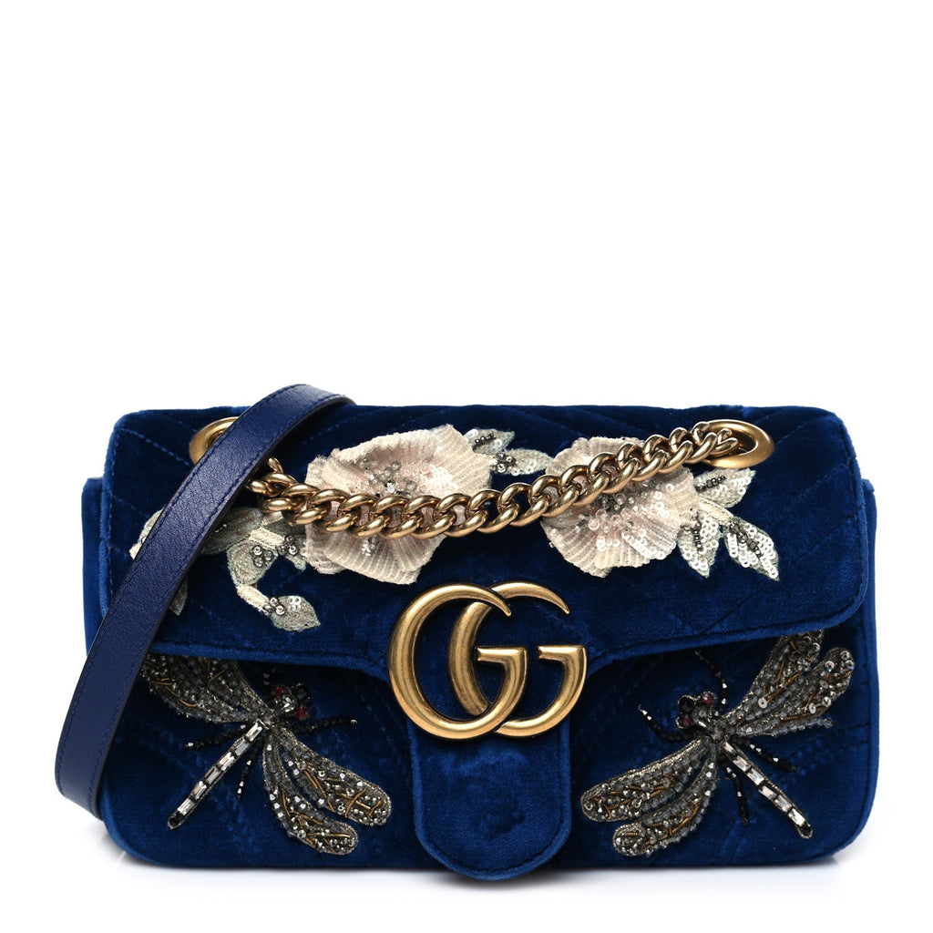 Velvet Matelasse Embroidered Mini GG Marmont Shoulder Bag Cobalt Blue