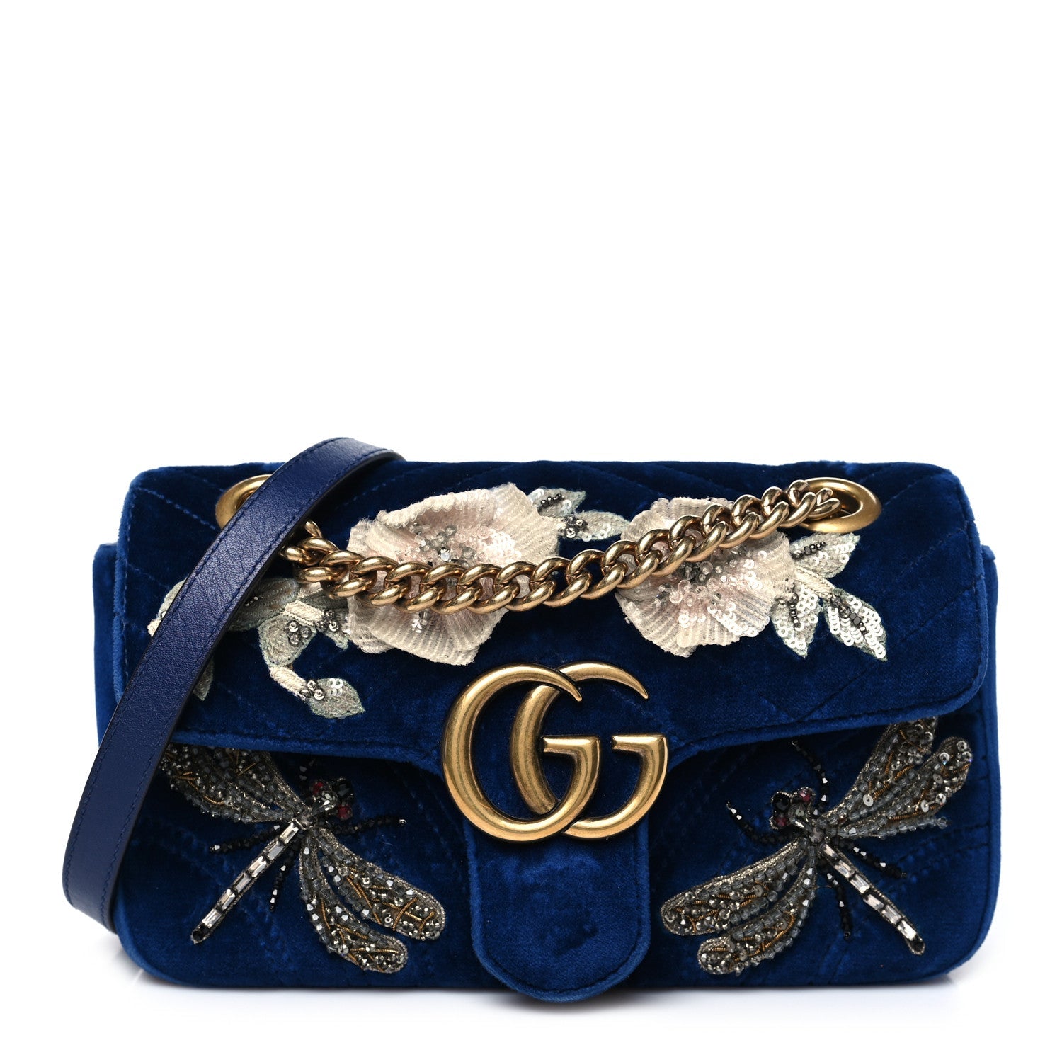Velvet Matelasse Embroidered Mini GG Marmont Shoulder Bag Cobalt Blue