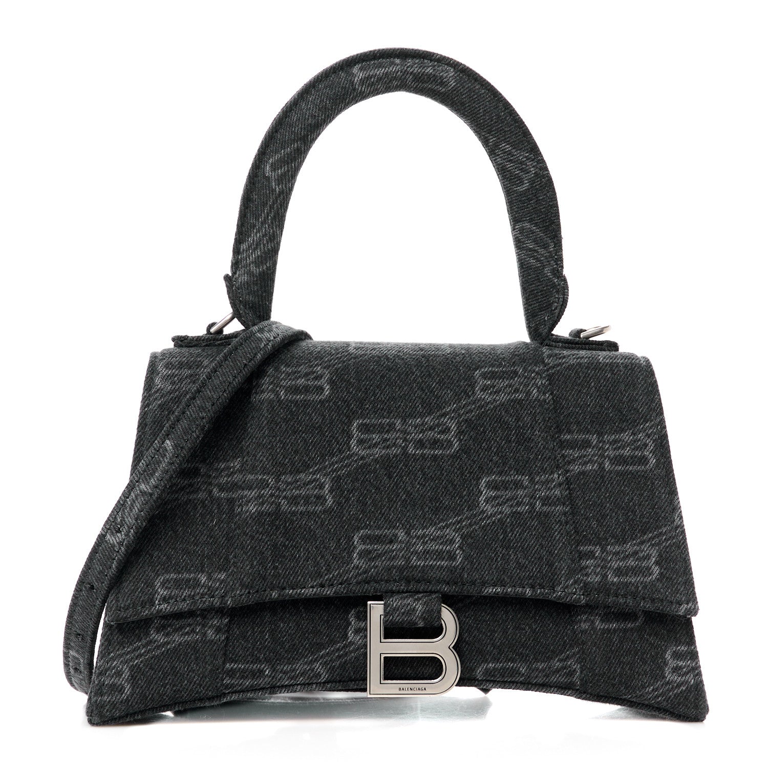 Washed Denim BB Monogram Small Hourglass Top Handle Bag Black