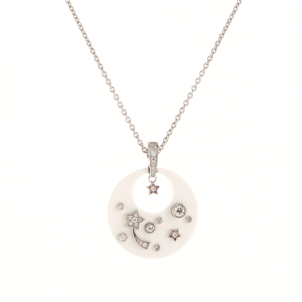 Comete Round Pendant Necklace 18K White Gold with Ceramic and Diamonds