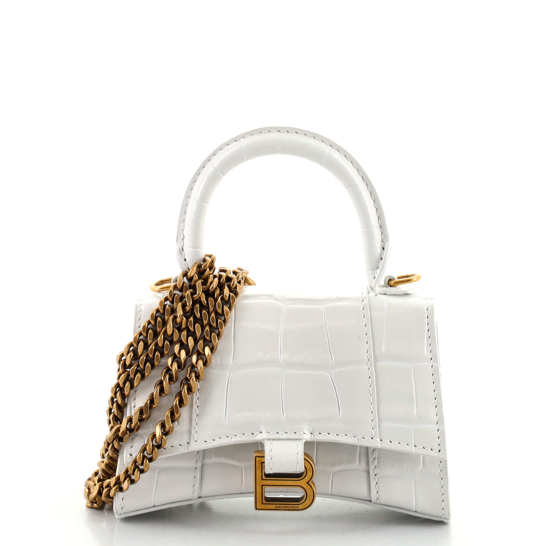 Hourglass Chain Top Handle Bag Crocodile Embossed Leather Mini