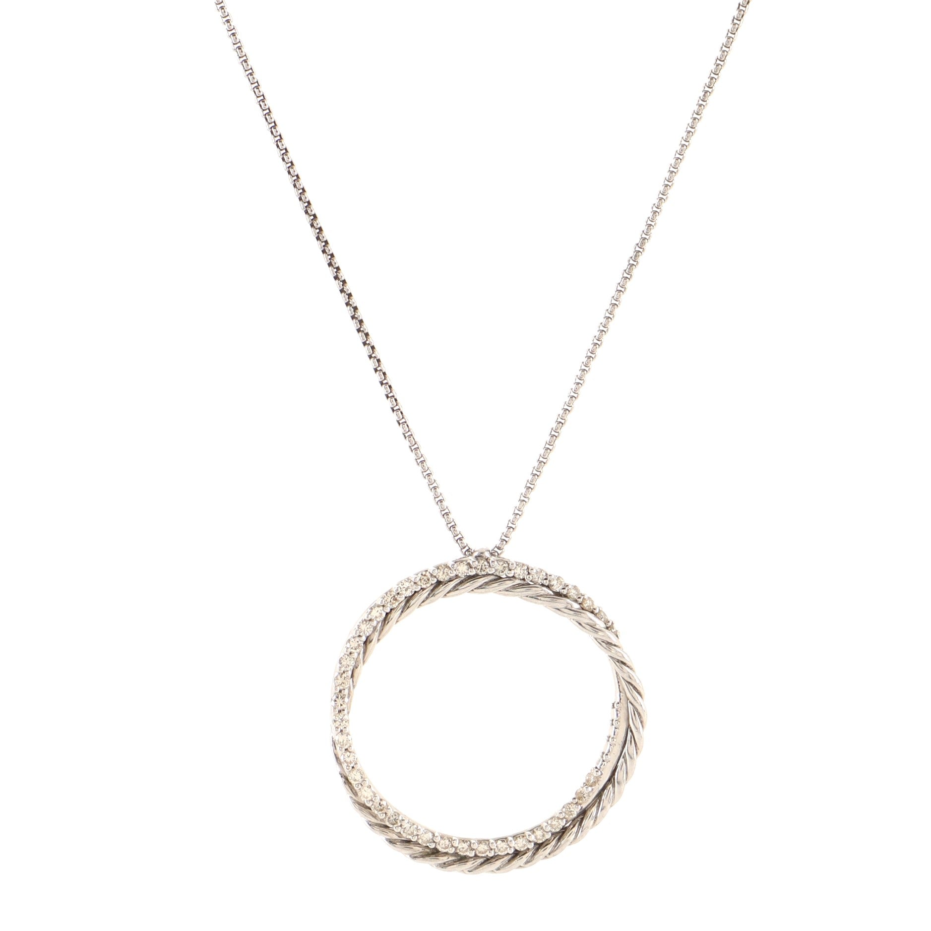 Crossover Circle Pendant Necklace Sterling Silver and 14K White Gold with Diamonds