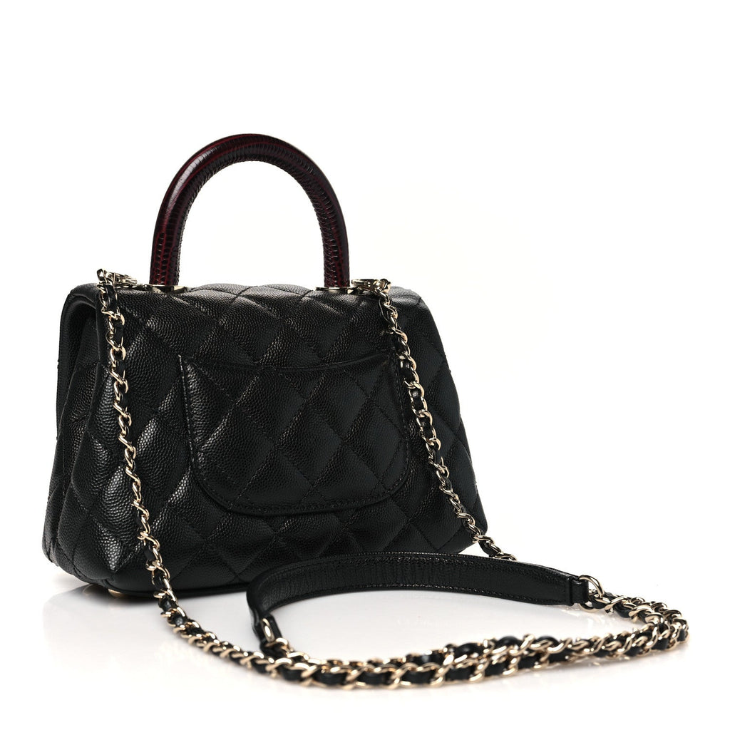 Caviar Lizard Embossed Quilted Extra Mini Coco Handle Flap Black