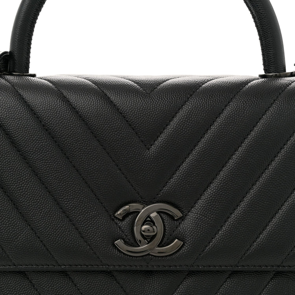 Caviar Chevron Quilted Small Coco Handle Flap So Black