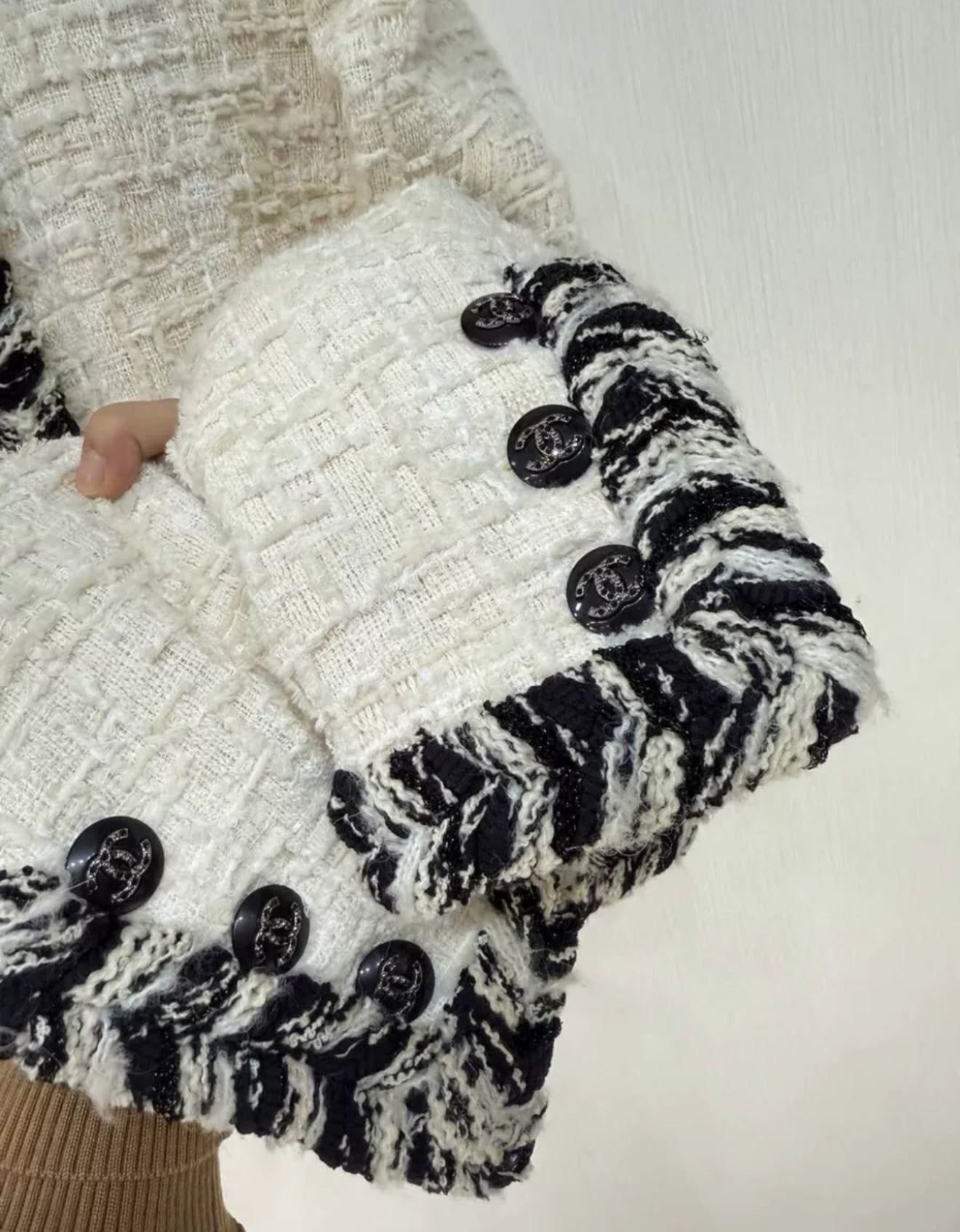 CHANEL 20B ECRU/ WHITE TWEED JACKET BRAIDED TRIM