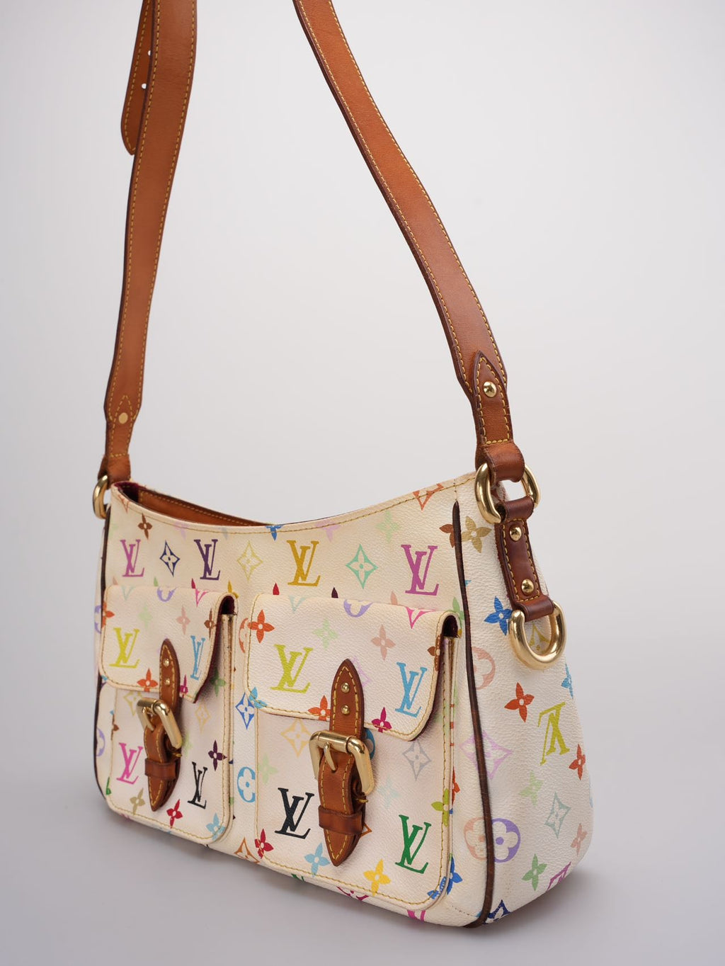 Louis Vuitton Takashi Murakami White Multicolore Monogram Coated Canvas Petit Noe Bag Gold Hardware