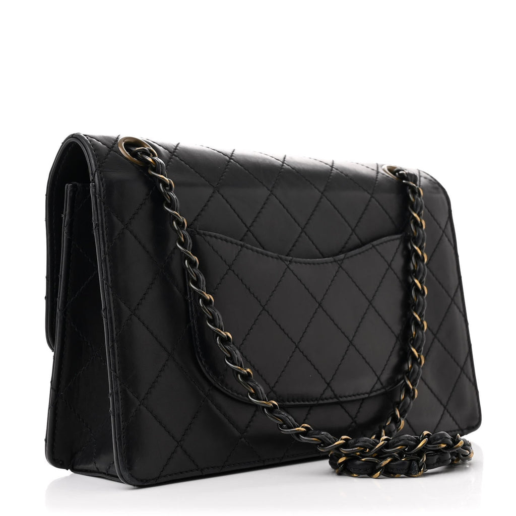 Calfskin Stitched Medium Single Flap Black